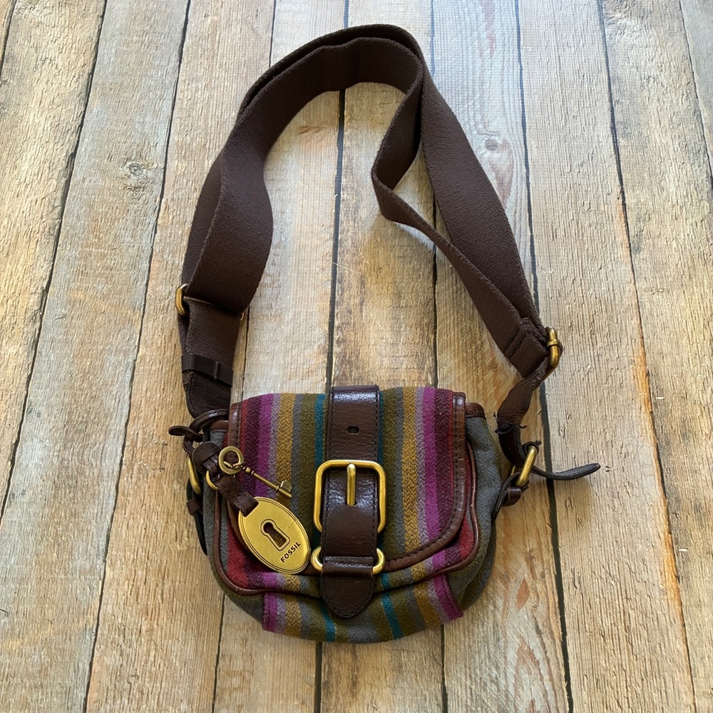 Vintage Fossil wool striped Y2K messenger bag crossbody purse with key clean int